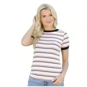 Promesa Women's Multicolor Striped Textured Cotton Short Sleeve Crew Neck T-Shir